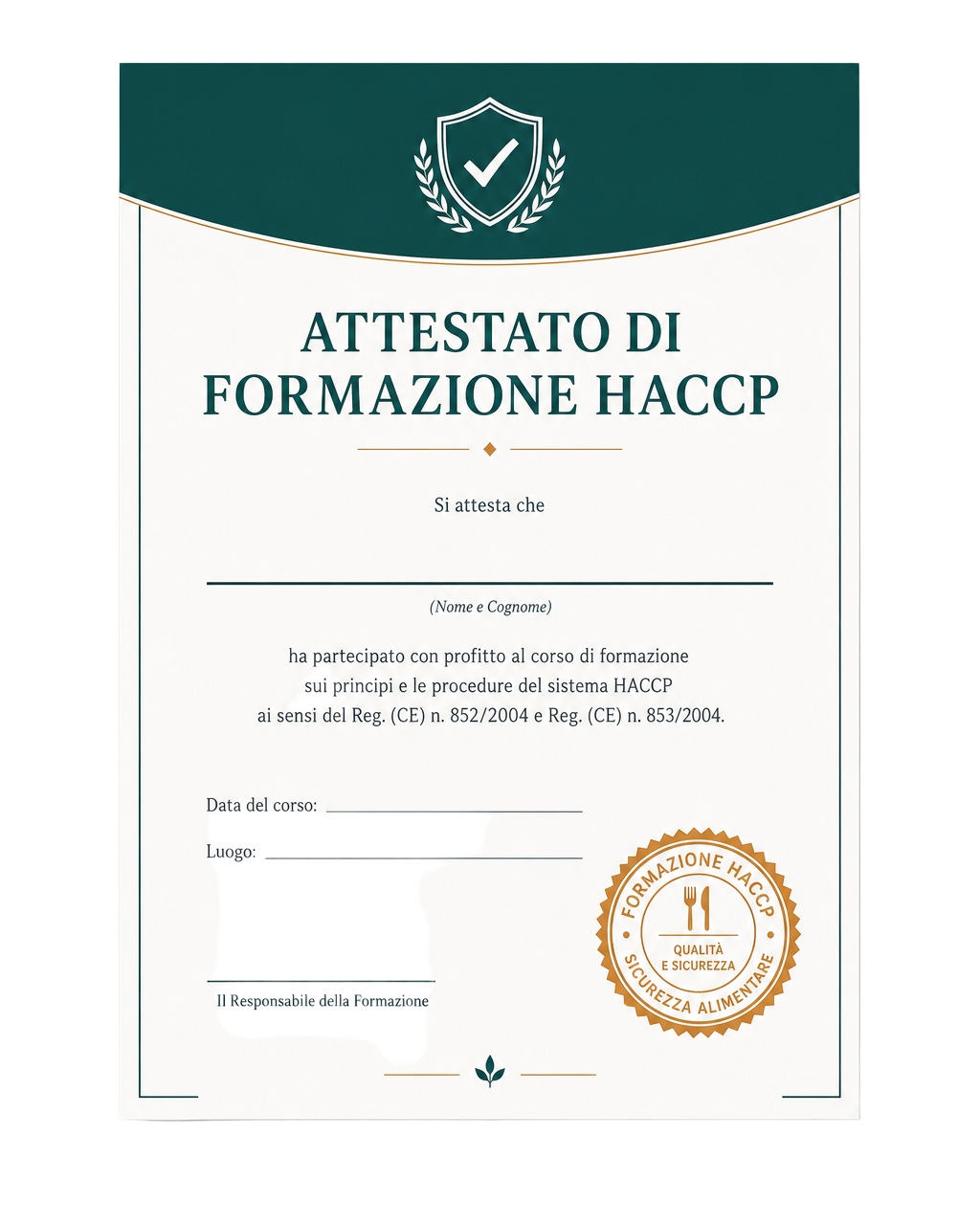 Attestato di formazione HACCP in PDF intestato al corsista