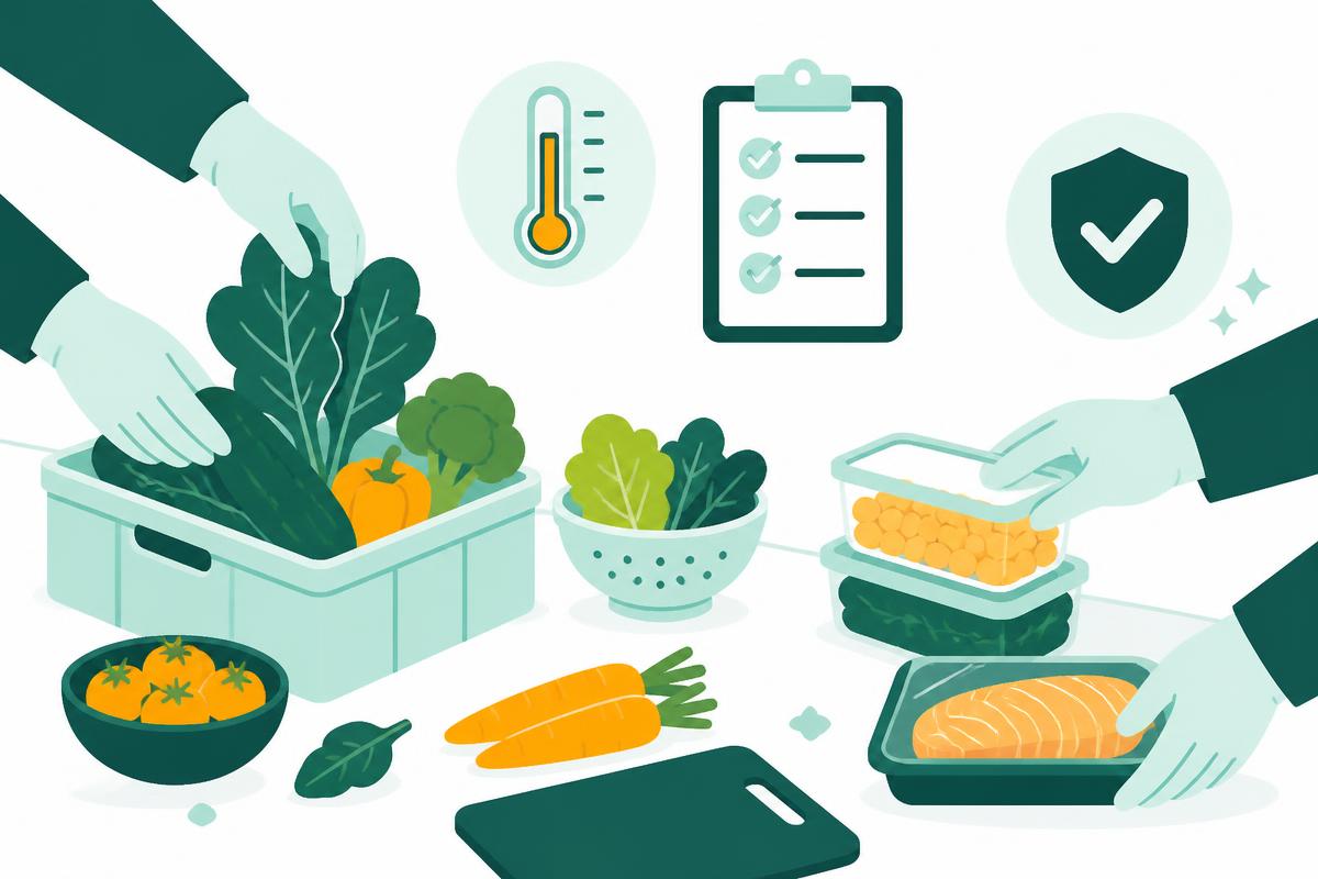 Illustrazione di un addetto che manipola alimenti freschi con i guanti