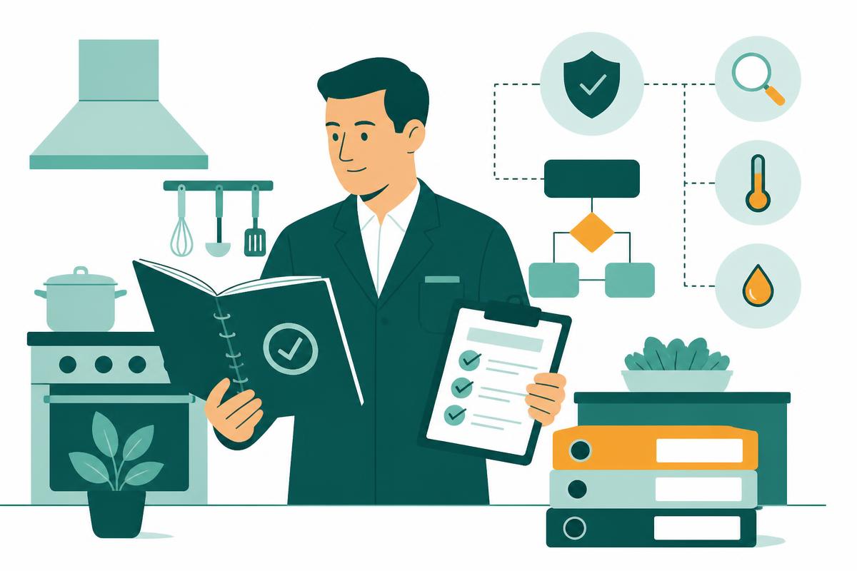 Illustrazione di un responsabile che verifica il manuale di autocontrollo HACCP